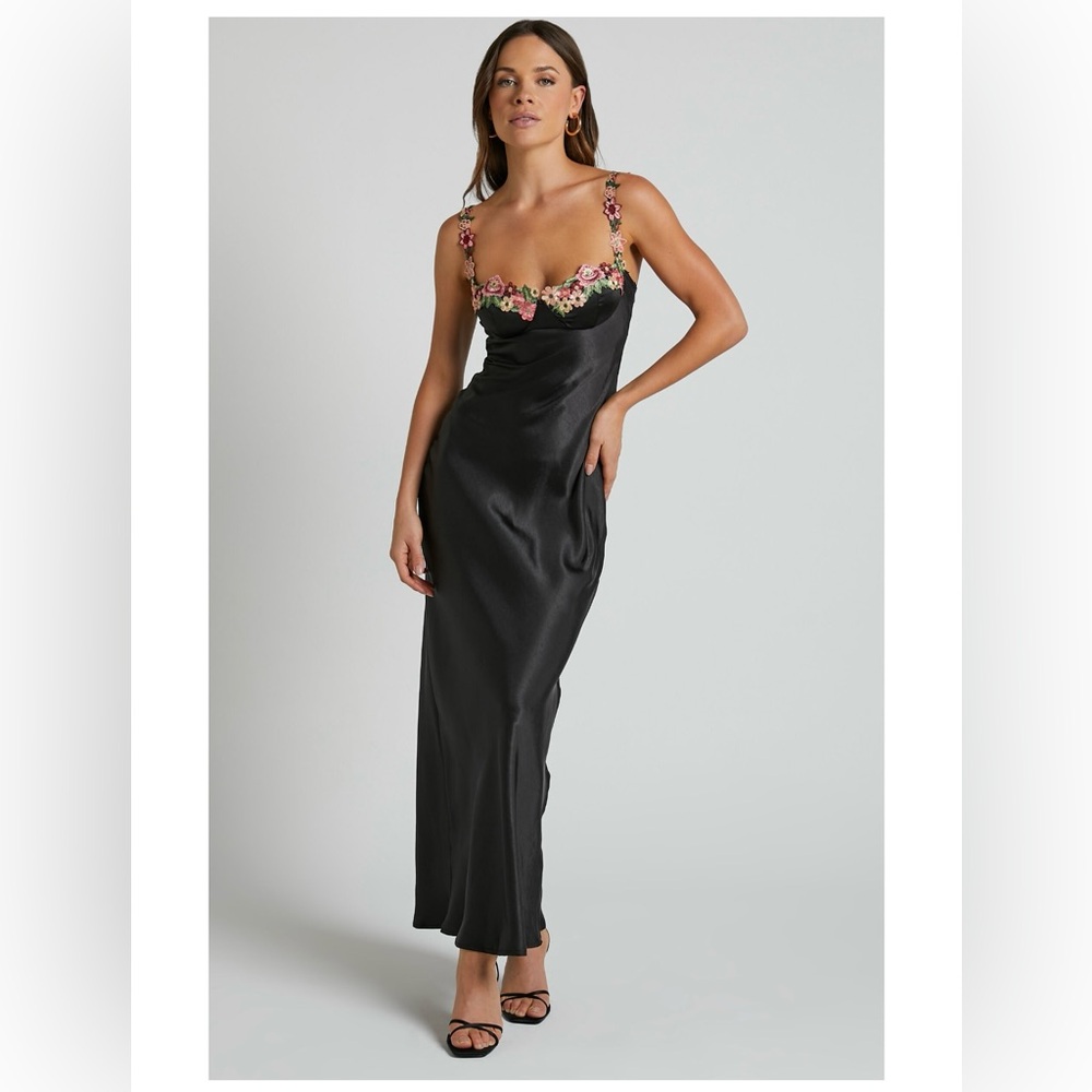 HARMONY MIDI DRESS - FLORAL DETAIL CUP BUST SATIN DRESS